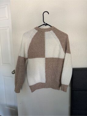 Women’s Checker Knit Crewneck Sweater - Cream & Tan